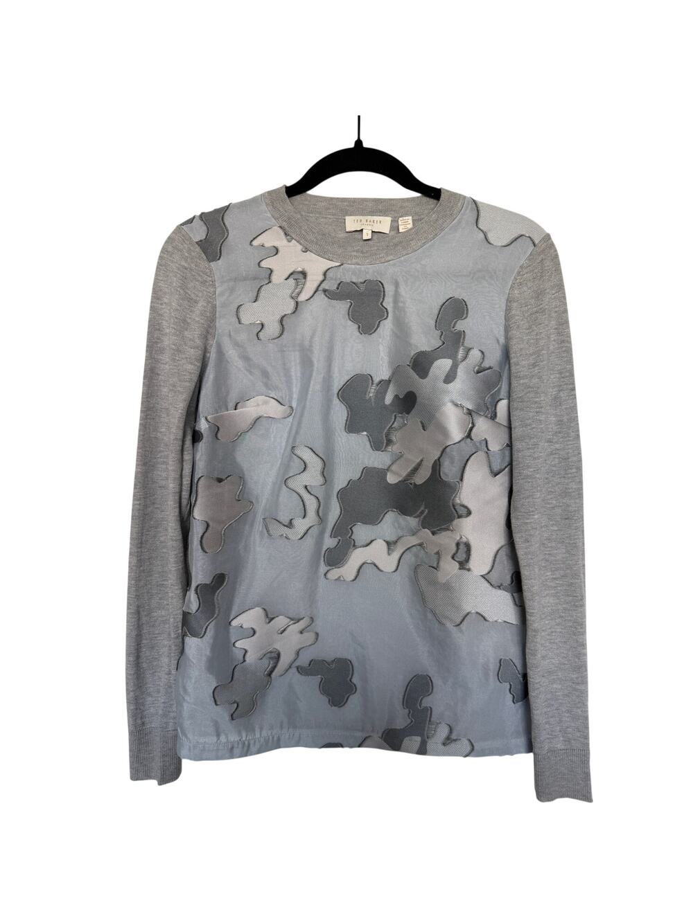 Ted Baker London Size 1 Grey Silk Blend Sheer Mesh Applique Front Sweater Top